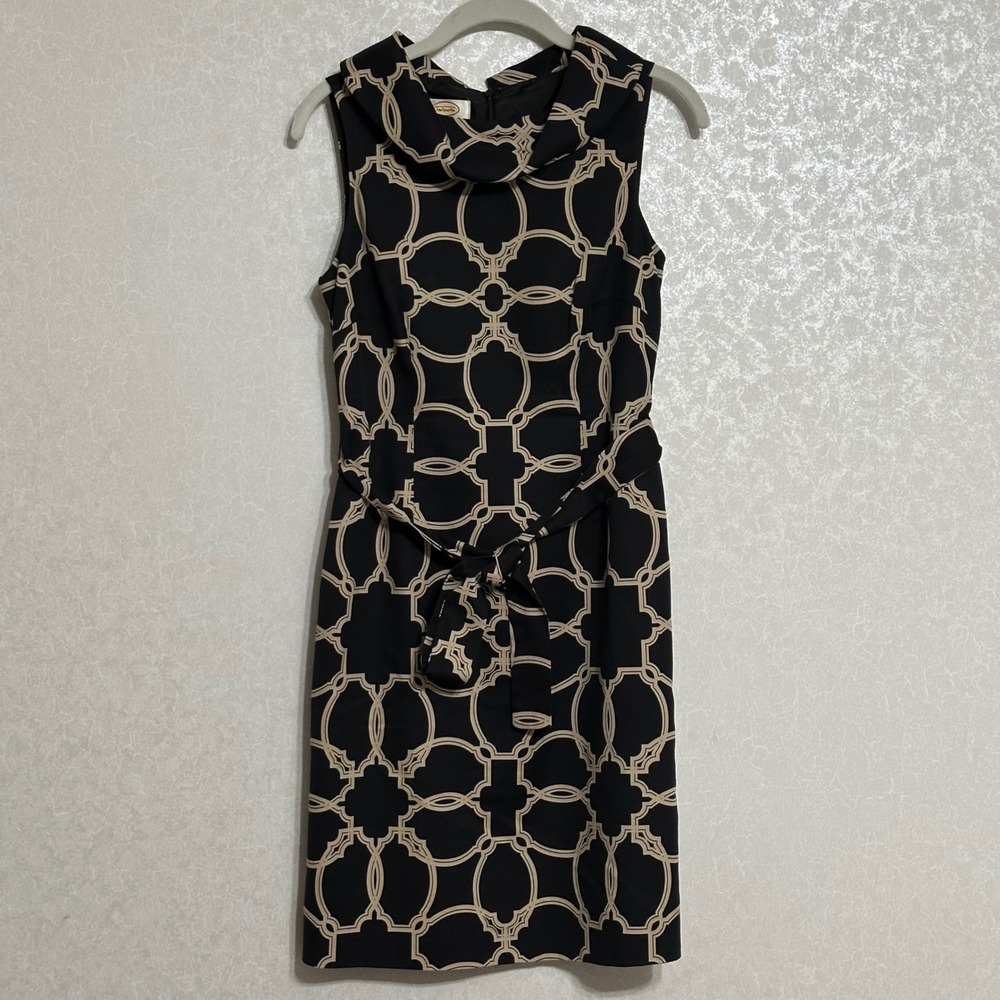 Talbots Art Deco Print‎ Sheath Dress Cotton Silk Cowl Neck Black Tan Neutral 2P